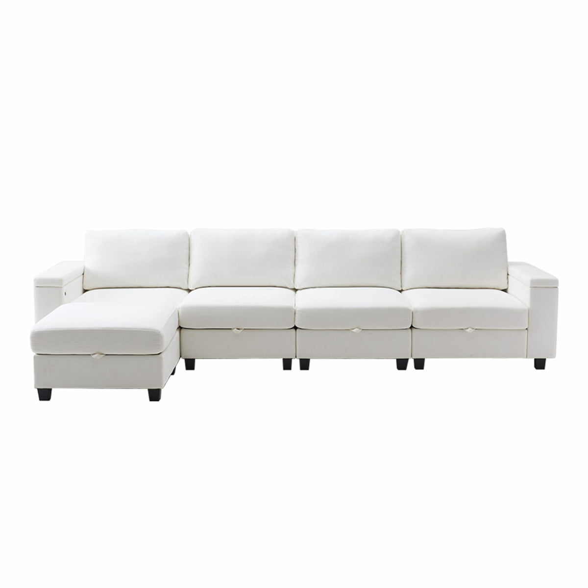 131" White Modular Storage Sofa with Ottoman USB,Type C Ports, Chenille Fabric, Sleeper Function Easy Assembly