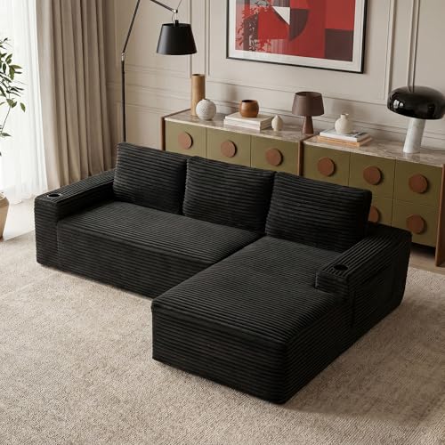 133" Oversized U-Shaped Cloud Modular Sectional Sofa Couches with Double Chaise, Corduroy Boneless Couch with Cupholders, High-Density Foam Floor Sofa for Living Room, No Assembly Required