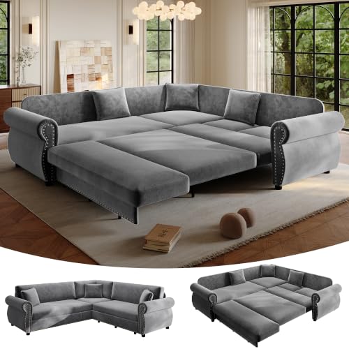 118" Oversized Sleeper Sofa with Pull Out Bed, Chenille L Shaped Convertible Sectional Sleeper Couch with Nailhead Trim & Rolled Arm, 6-Seater Couches for Living Room, Blue