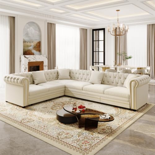 115'' Velvet L-Shaped Convertible Button Tufted Sleeper Sofa Couch, Luxury Oversized Pull-Out Sofa Bed with Gold Trim Rolled Arms and Throw Pillows for Living Room