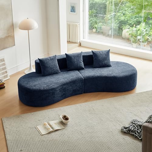 109" Oversized Curved Sectional Sofa – Modern Luxury Velvet Cloud Couch, Deep Seat Memory Foam Curved Couch with 3 Pillows, Compressed Boneless Sofa for Living Room, Apartment, Office, Blue