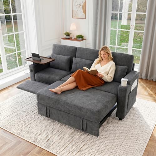 100" Modular Sectional Sleeper Sofa with Pull Out Bed, 7 Seat Corduroy U Shaped Couch with Storage Chaise|6-Position Backrest|Side Table|USB Port, Dark Grey Sectional Couches for Living Room