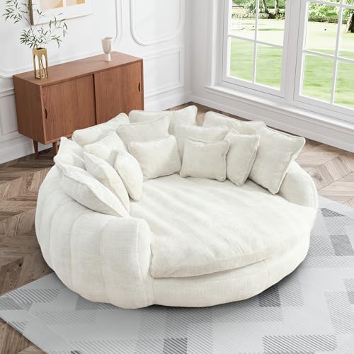 Wrofly 81.1" W Oversized Round Chaise Lounge, Fluffy Lazy Bean Bag Sofa with 14 Pillows, Comfy Chenille Upholstered Barrel Sleeper Bed, Modern Deep Seat Cloud Couch for Living Room, Emerald