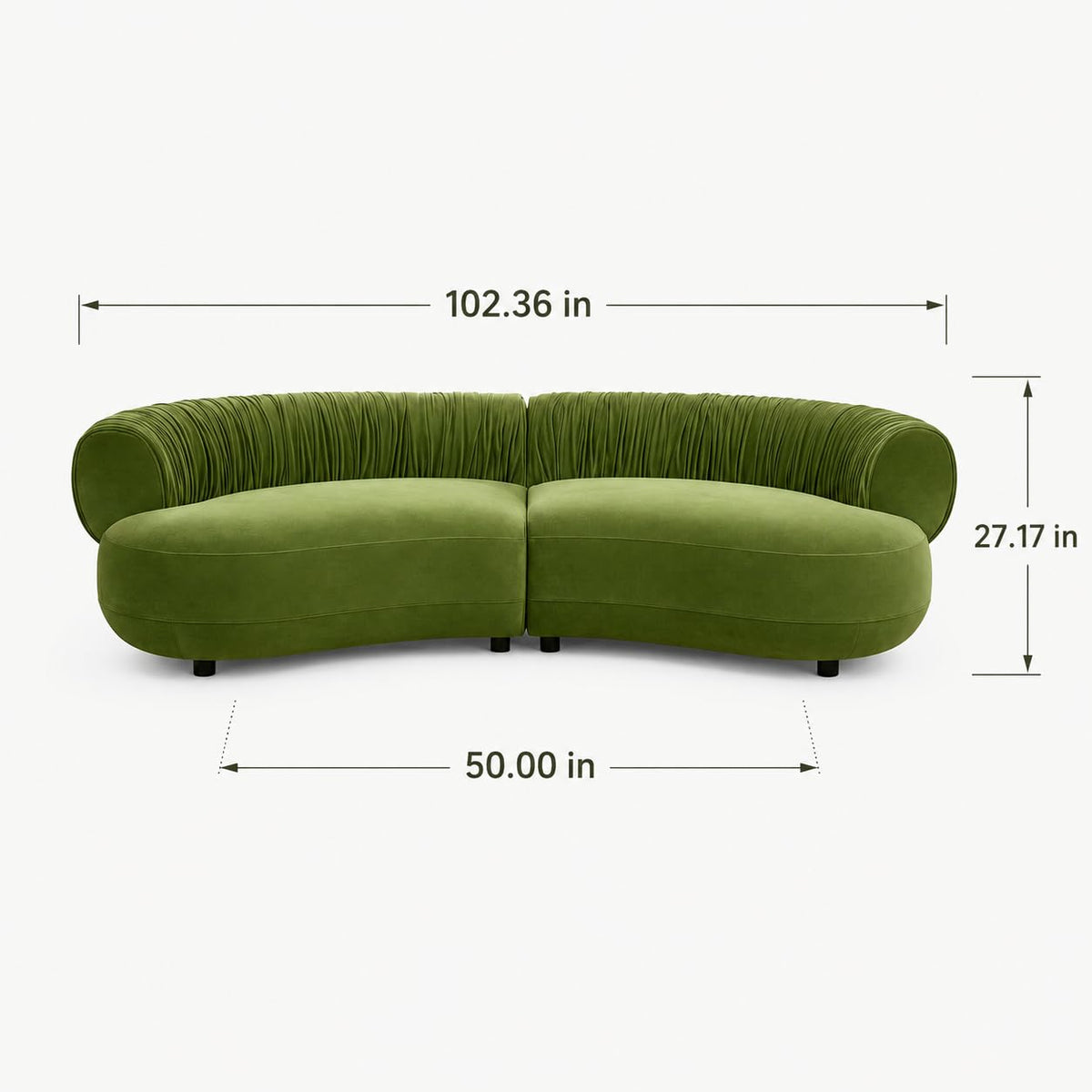 102" Curved Sectional Sofa, Green Velvet 4-Seater Couch, Living Room