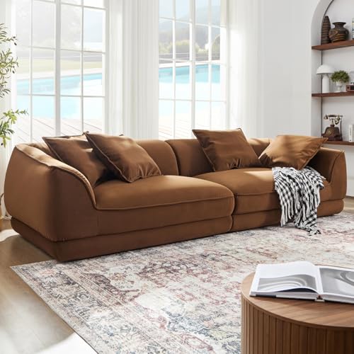 110" Modern Velvet Sofa, Luxury Curved Couch, Comfy Fluffy Cloud Sofa Deep Seat, Oversized Modular Sectional Sofa, Minimalist Memory Foam Upholstery Sofa for Living Room Office Apartment, Beige