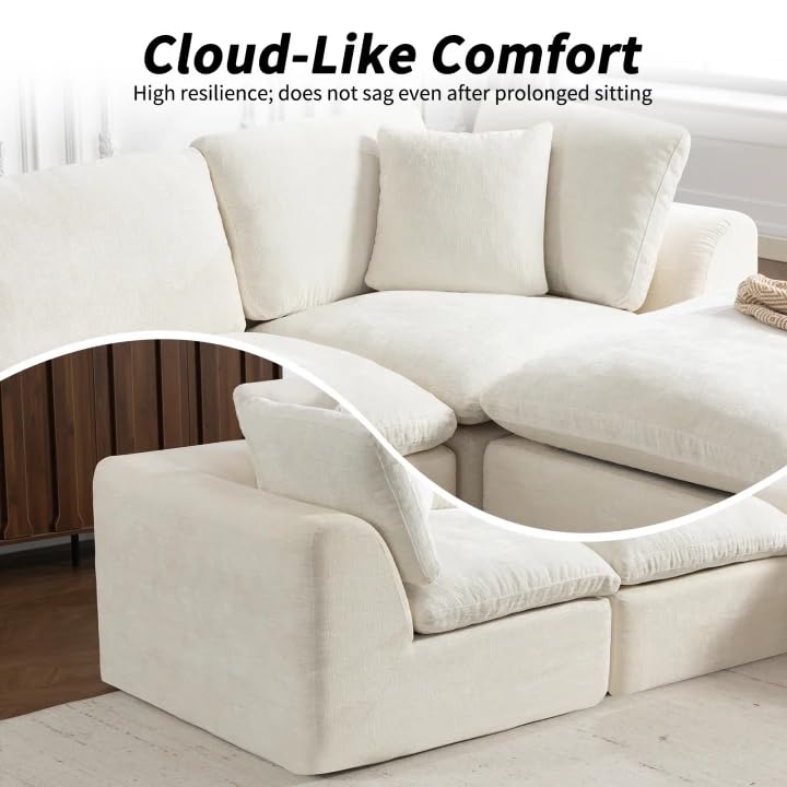 110" Beige Boneless Sectional Couch with Ottoman