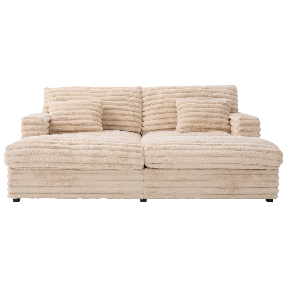 ZOEDO Oversized Double Chaise Lounge Sofa 82" Sofa Bed Plush Upholstered Sleeper Sofa Daybed with Two Supportive Pillows, USB Ports and Cup Holders for Living Room, Champagne (Old SKU:N719S002110D)