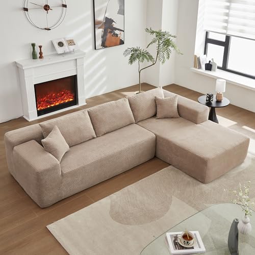 104" L-Shape Modular Sectional Sofa Couch,Comfy Upholstered Cloud Couch for Living Room,Modern Minimalist Couches,Deep Seat,No Assembly Required (Black,Plush Corduroy, Right Facing Chaise w/Ottoman)