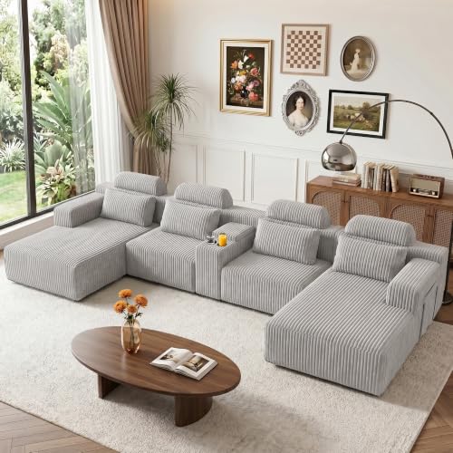 134 inch Modular Sectional Sofa for Living Room, Oversized U-Shaped Cloud Couch with Deep Seat, 5-Seat Boneless Couch with 2 Storage Pockets & 2 Cup Holders, No Assembly Required (Black)