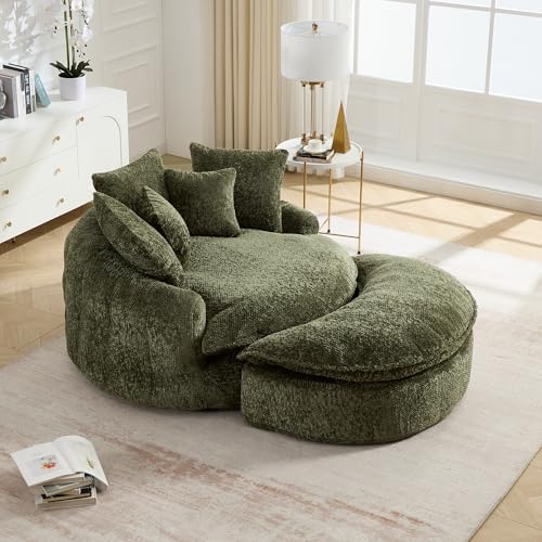 Wrofly 81.1" W Oversized Round Chaise Lounge, Fluffy Lazy Bean Bag Sofa with 14 Pillows, Comfy Chenille Upholstered Barrel Sleeper Bed, Modern Deep Seat Cloud Couch for Living Room, Emerald
