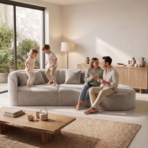 110" Curved Sectional Sofa with Right Chaise, 4-6 Seater Modern Upholstered Couch with Foam Cushions and Solid Wood Frame, Warm Ivory