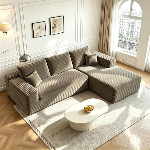 107" U-Shaped Cloud Sectional Couch with Ottoman for Living Room, Boneless Sofa, Compressed Sofa, No Assembly Required, Black Corduroy, Right Chaise