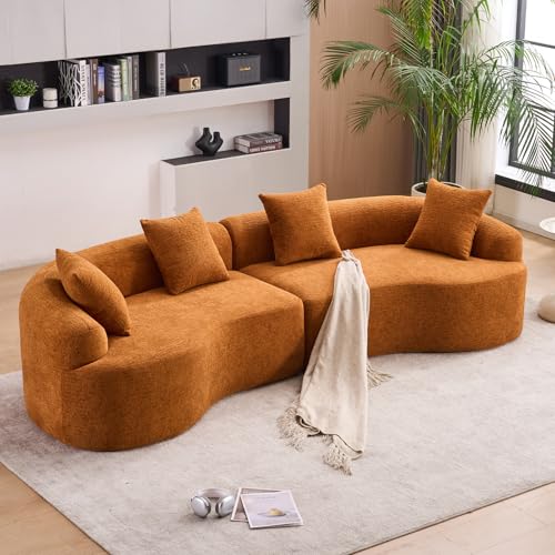 110" Sectional Sofa Round Curved Couch, Modern 4 Seat Sofa with Wood Grain Chenille Fabric, Comfy Deep Seat Sponge Couch with 4 Pillows for Living Room, White