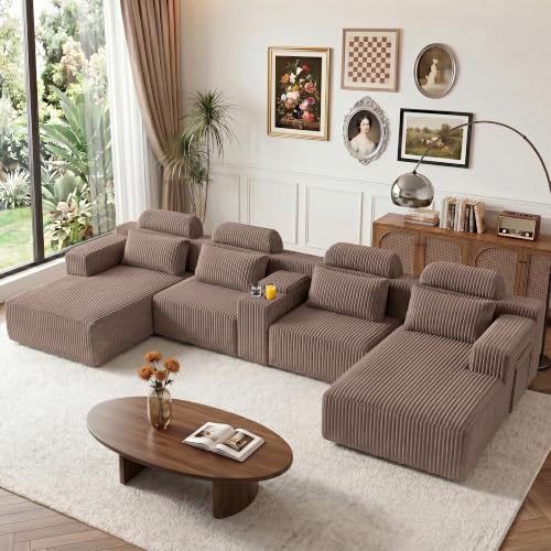 134 inch Modular Sectional Sofa for Living Room, Oversized U-Shaped Cloud Couch with Deep Seat, 5-Seat Boneless Couch with 2 Storage Pockets & 2 Cup Holders, No Assembly Required (Black)