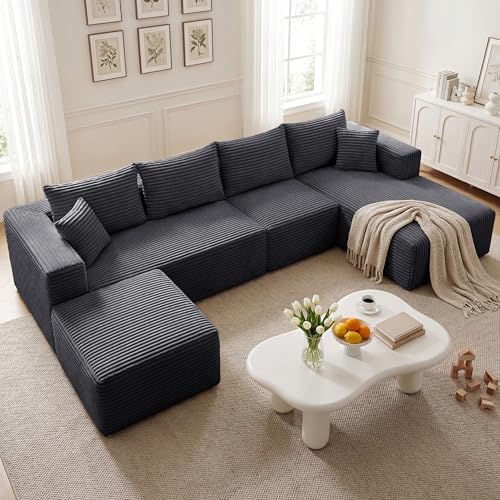 118'' U-Shaped Cloud Modular Sectional Sofa, Modern Corduroy Comfy 4-Seater Couch with 2 Ottomans, Upholstered Boneless Deep Seat Plush Sofa, No Assembly Needed, for Large Living Room, Grey