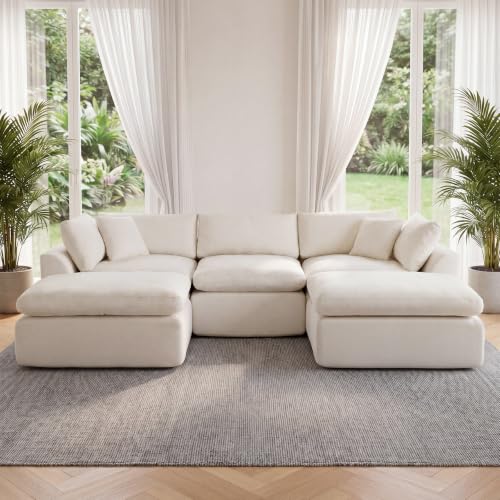 111" Boneless Sectional Couches for Living Room, 5 Seater Deep Seated U Shaped Cloud Couch with Ottomans, Chenille Compressed Modular Cloud Sofa Couch in a Box, No Assembly Required, Grey