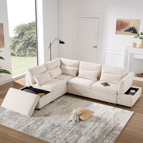 107'' Sectional Sleeper Sofa Bed with Pull Out Couch, Chenille L-Shaped Sofa with Adjustable Armrest, USB&Type-C Charging, Storage Ottoman, Free Combination for Living Room/Apartment, Gray