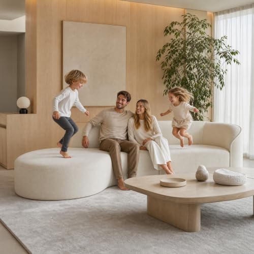 110" Curved Sectional Sofa with Right Chaise, 4-6 Seater Modern Upholstered Couch with Foam Cushions and Solid Wood Frame, Warm Ivory