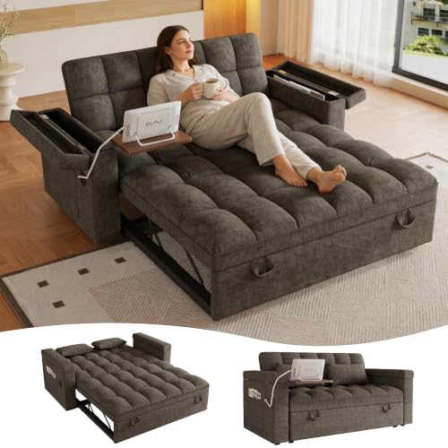 100" Convertible Sectional Sofa Bed, Pull Out Couch Bed with Storage Chaise, Table Board, USB Ports & Cup Holder, 7-Seater Modular Corduroy Sofa Bed, Reclining Sectional Couch for Living Room, Black