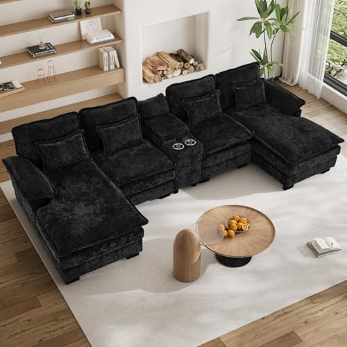 133" U Shaped Sectional Sofa with Double Chaise and Console, Grey