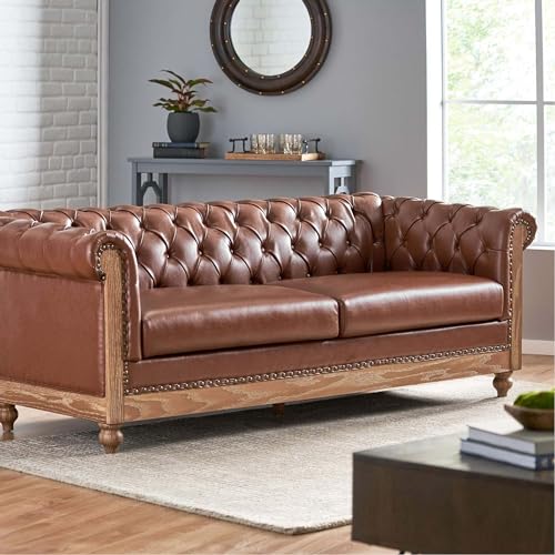 WILLIAMSPACE 88.2" Chesterfield Sofa Couch for Living Room, 3 Seater Couches Upholstered Tufted PU Sectional Sofa for Office Apartment - Brown
