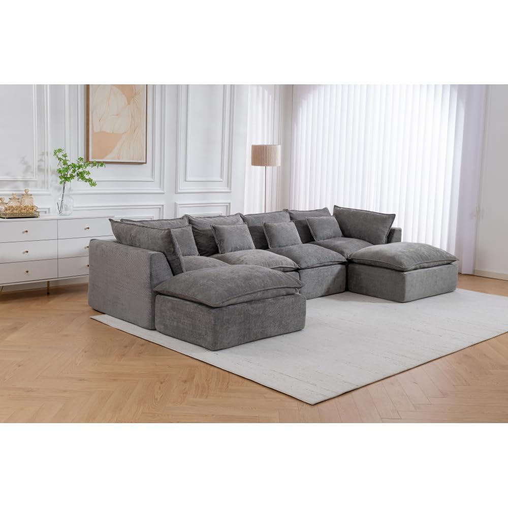 129.8" Width Cloud Couch Oversized Modular Sectional Sofa True Relax Comfy Couches Wide Deep Seat Sofas for Living Room Furniture Sets, Waffle Fabric,4Seat with 2Ottoman