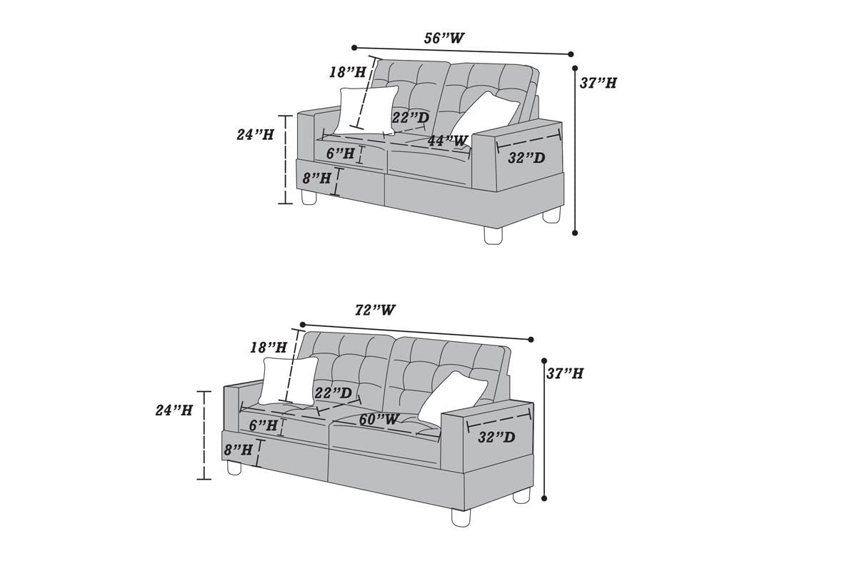 Tidyard 2pc Sofa Set Grey Polyfiber Tufted Couch with Pillows, Includes Sofa and Loveseat, Modern Living Room Furniture with Solid Wood Legs, Plush Cushion, Accent Tufting