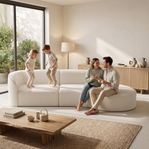 110" Curved Sectional Sofa with Right Chaise, 4-6 Seater Modern Upholstered Couch with Foam Cushions and Solid Wood Frame, Warm Ivory