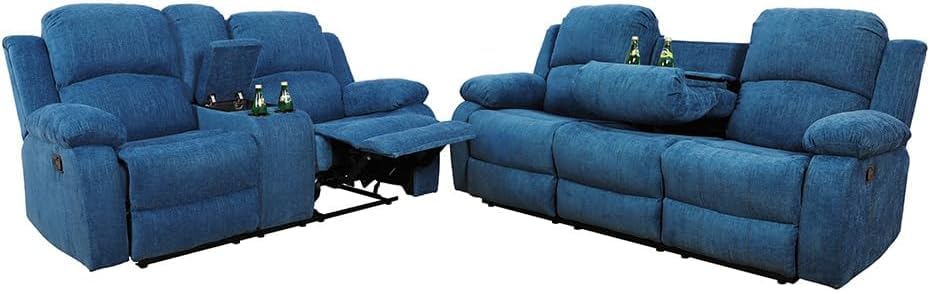 Bonded Leather Living Room Furniture Set Reclining Sofa Set Loveseat Furniture Sets in Living Room Sofa Recliners (3 Pieces, Blue Microfiber)
