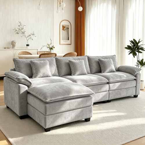 119" Cloud Couch Sectional, L Shaped Modular Sectional Sofa for Living Room, 3 Seater Sofa with 3 Removable Washable Pillows and 1 Ottoman, Light Gray