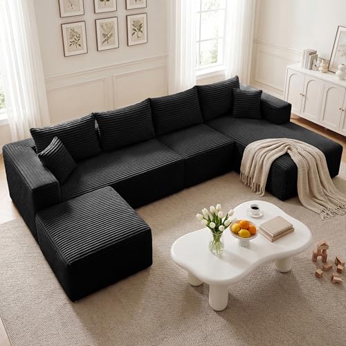 118'' U-Shaped Cloud Modular Sectional Sofa, Modern Corduroy Comfy 4-Seater Couch with 2 Ottomans, Upholstered Boneless Deep Seat Plush Sofa, No Assembly Needed, for Large Living Room, Grey