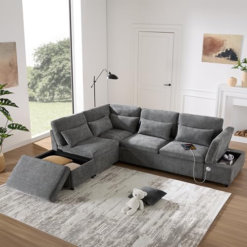 107'' Sectional Sleeper Sofa Bed with Pull Out Couch, Chenille L-Shaped Sofa with Adjustable Armrest, USB&Type-C Charging, Storage Ottoman, Free Combination for Living Room/Apartment, Gray