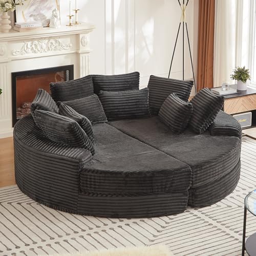 78'' Oversized Round Sleeper Sofa Bed, Convertible Circle Chaise Lounge Chair Indoor, Modern Fluffy Plush Corduroy Cloud Boneless Couch, Assembly Free, Comfy Bean Bag for Living Room, Black