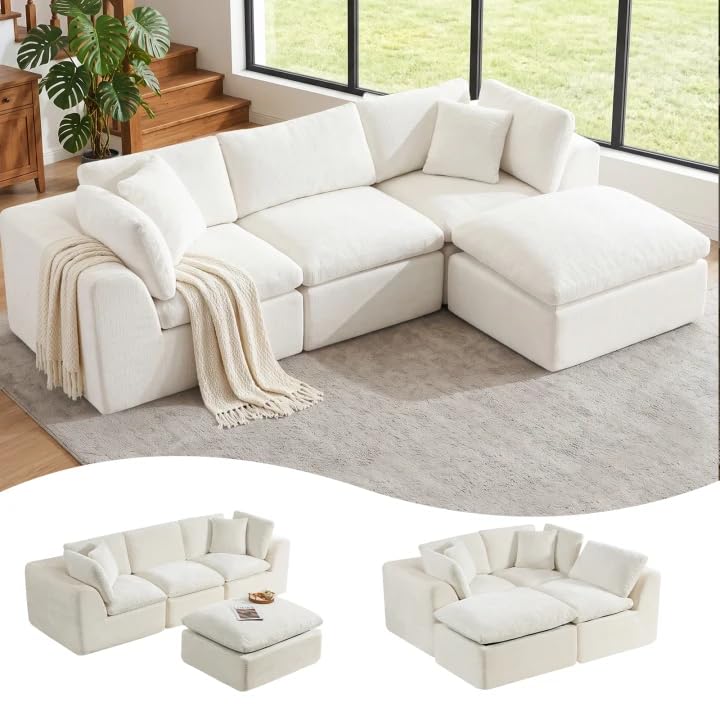 110" Beige Boneless Sectional Couch with Ottoman