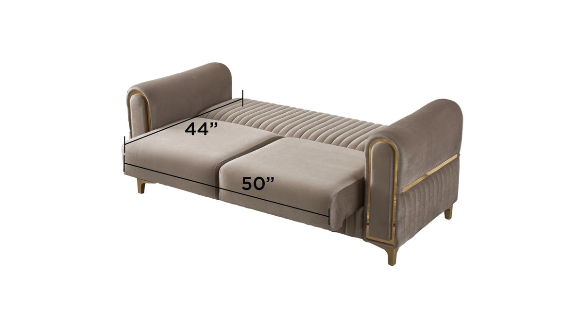 Velvet Upholstered Convertible Loveseat with Wood & Iron Frame in Taupe