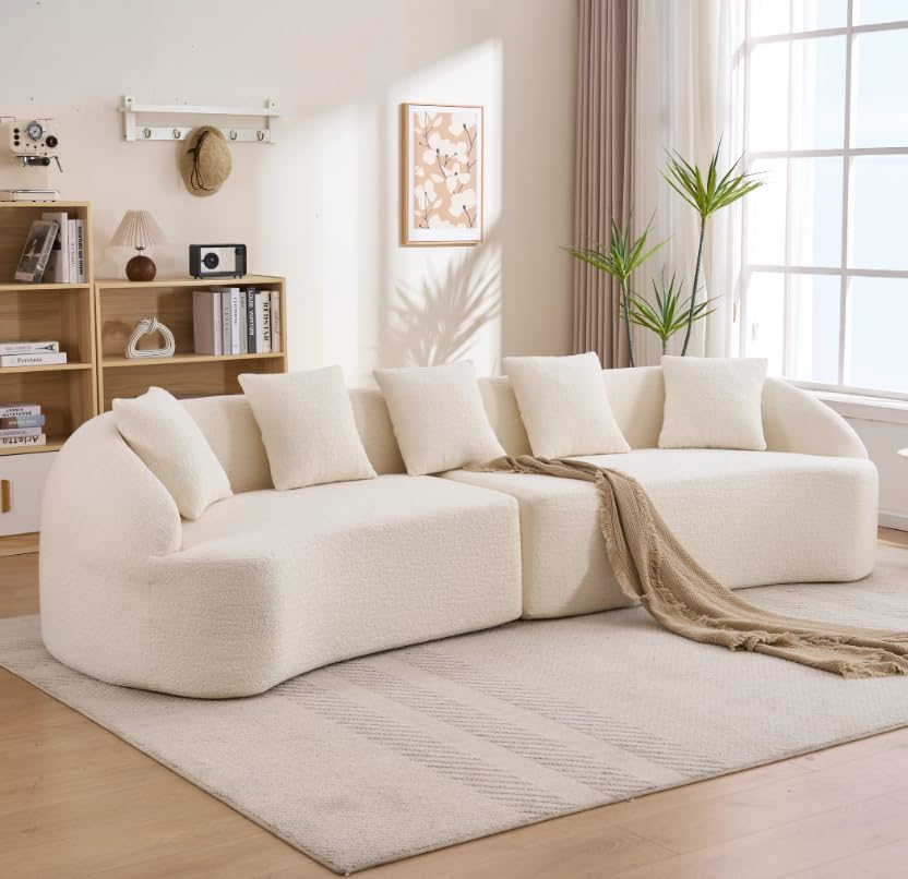 110.2" Boneless Curved Modular Sofa, Modern S-Shaped Chenille Upholstered Couch with 4 Pillows, Spring & Foam Support Soft Packed Sofa for Small Space Living Room, Home Decor (Caramel, 4)