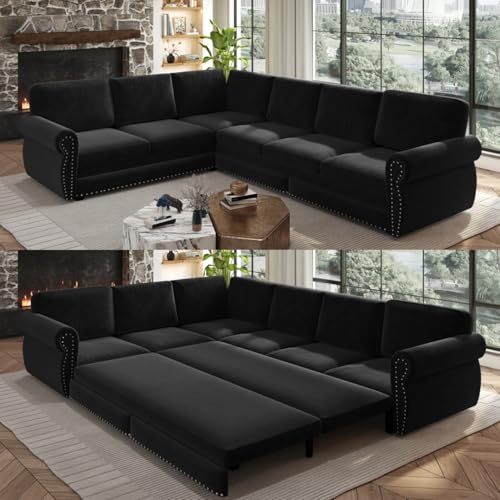 118" Sleeper Sofa Bed, Sectional Couches for Living Room/Apartment, Chenille L Shaped Couch with Pull Out Couch Bed, Convertible Sectional Sofa with Rolled Arm & Nailhead Trim, Green