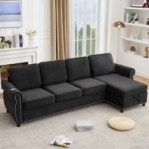 106'' Flannelette Fabric L Shaped 4 Seater Modular Sleeper Couch, 2-in-1 Pull Out Sofa Bed with USB Charging Ports, Memory Foam Mattress, and Storage Chaise for Living Room (Beige, 106'' L Shaped)