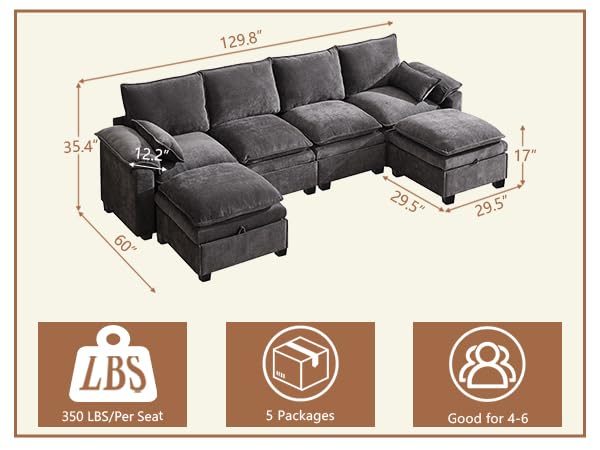 130'' Modular Sectional Sofa with Storage, Premium Chenille Cloud Couch with Movable Ottomans, 1200lbs Heavy Duty Deep Seat Sectional, High-Density Foam (Gray, 4 Seater & 5 Ottoman)