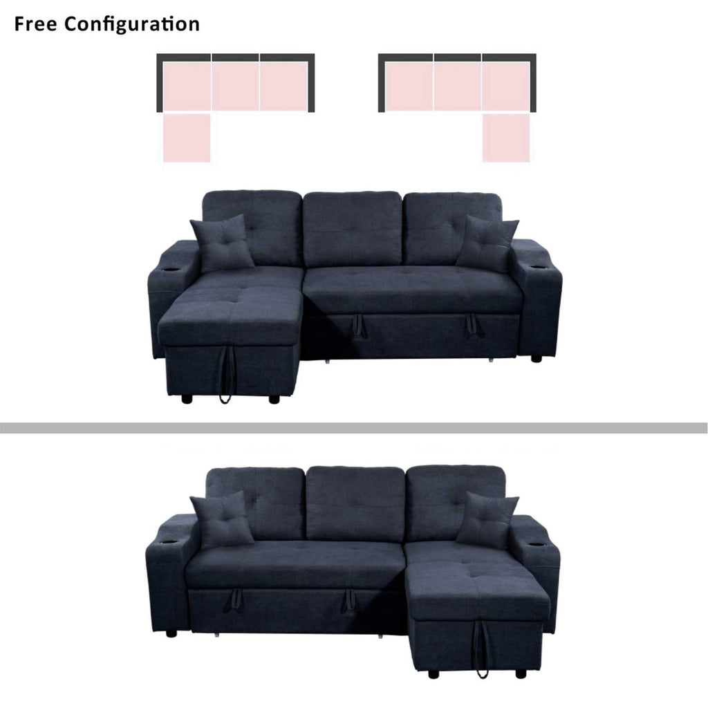 Tidyard Right-Facing Sectional Sofa with Footrest, Convertible Corner Couch with Storage Armrest, Pull-Out Sofa Bed, Double Cup Holders, Dark Grey, Modern Living Room Furniture