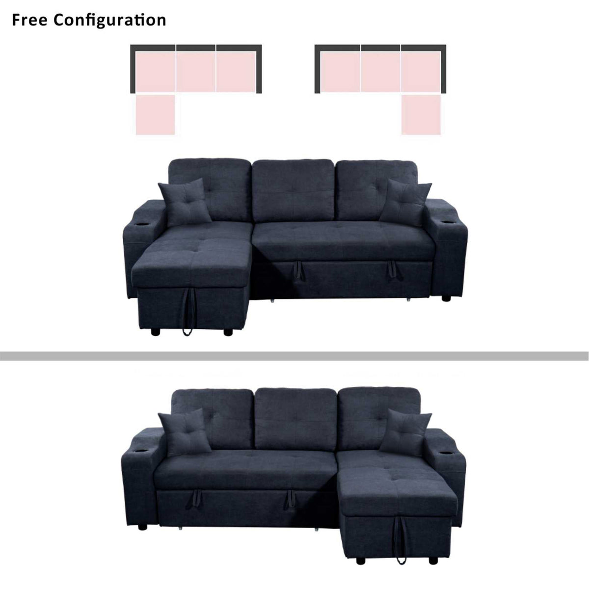 Tidyard Right-Facing Sectional Sofa with Footrest, Convertible Corner Couch with Storage Armrest, Pull-Out Sofa Bed, Double Cup Holders, Dark Grey, Modern Living Room Furniture