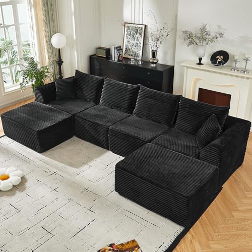 U Shaped Modular Sectional Couches for Living Room, 130" Cloud Modular Sectional Sofa Chaise, Fluffy Corduroy Couch with Deep Seat for Bedroom, No Assembly Required,Black