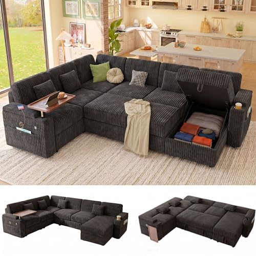 100" Modular Sectional Sleeper Sofa with Pull Out Bed, 7 Seat Corduroy U Shaped Couch with Storage Chaise|6-Position Backrest|Side Table|USB Port, Dark Grey Sectional Couches for Living Room