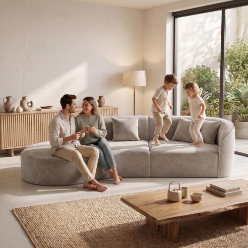 110" Curved Sectional Sofa with Right Chaise, 4-6 Seater Modern Upholstered Couch with Foam Cushions and Solid Wood Frame, Warm Ivory