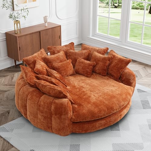 Wrofly 81.1" W Oversized Round Chaise Lounge, Fluffy Lazy Bean Bag Sofa with 14 Pillows, Comfy Chenille Upholstered Barrel Sleeper Bed, Modern Deep Seat Cloud Couch for Living Room, Emerald