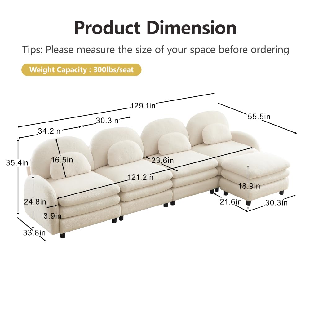 Teddy Fabric Cloud-Like 4-Seat Sofa,Curved Backrest and Armrest with Curved Lumbar Pillows, Sectional 4 Seater Modular Couch with Movable Ottoman and Supportive Double-Layer Cushion (Beige White)