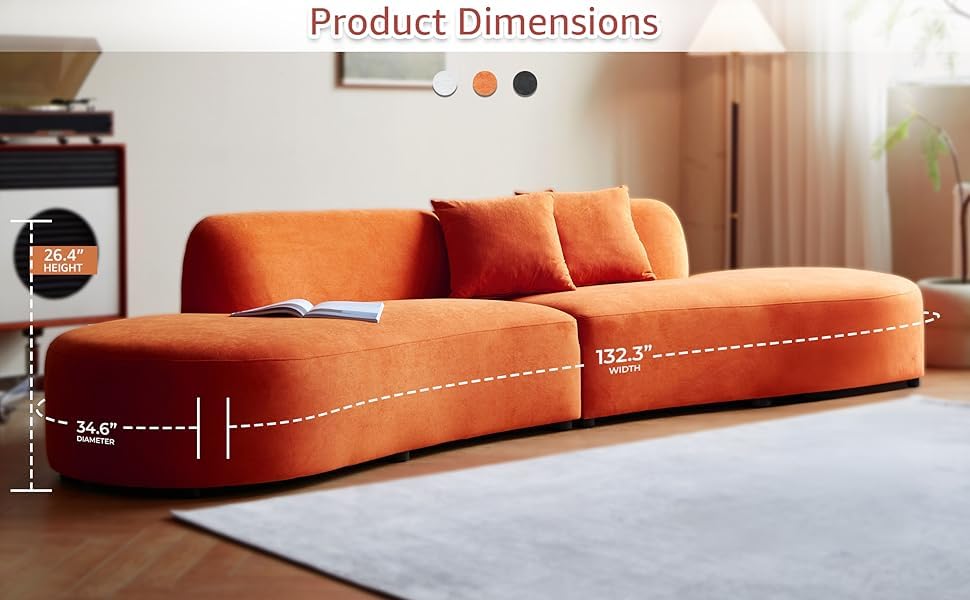 WILLIAMSPACE 132" Oversize Curved Sofa Couch for Living Room, Modern Luxury 2 Pieces Upholstered Cloud Sofa Curved Couch with Half Moon Design, Velvet 6 Seater Sofa for Apartment, No Assembly, Orange