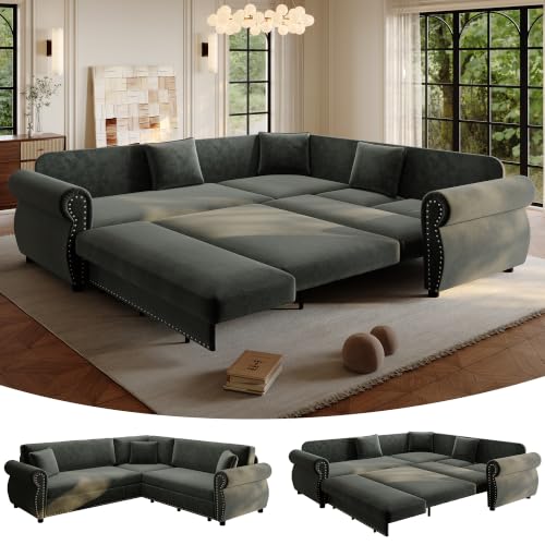 118" Oversized Sleeper Sofa with Pull Out Bed, Chenille L Shaped Convertible Sectional Sleeper Couch with Nailhead Trim & Rolled Arm, 6-Seater Couches for Living Room, Blue