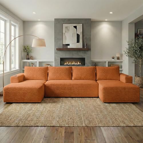 132 Inch Oversized Modular Sectional Sofa for Living Room, U-Shaped Cloud Boneless Couches with Cup Holder & Side Pockets, Comfy Corduroy Deep Seat Sofa, No Assembly Required, Gray
