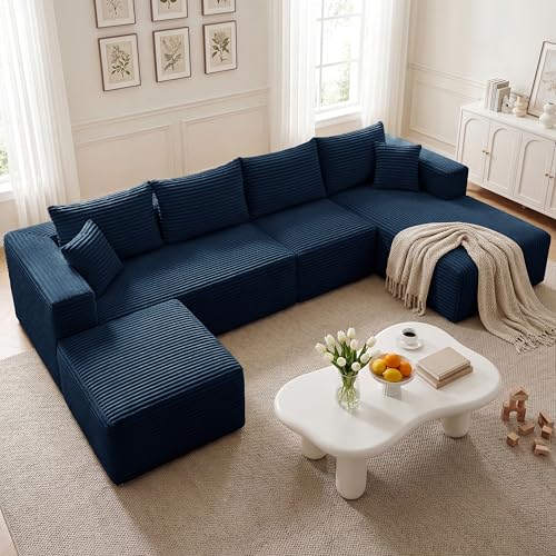 118'' U-Shaped Cloud Modular Sectional Sofa, Modern Corduroy Comfy 4-Seater Couch with 2 Ottomans, Upholstered Boneless Deep Seat Plush Sofa, No Assembly Needed, for Large Living Room, Grey